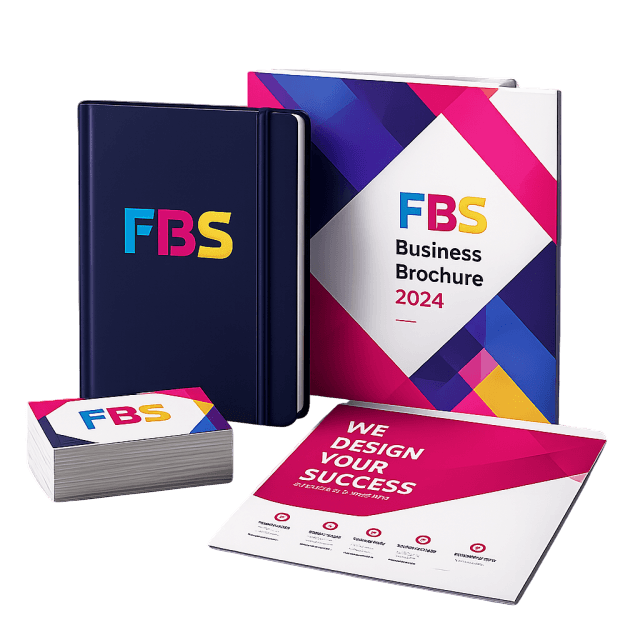 FBS Signs branded notebook, business cards, and brochure mockup
